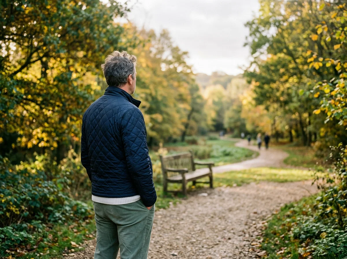 Anonymous man outdoors in British park, men's wellness supplement 50+